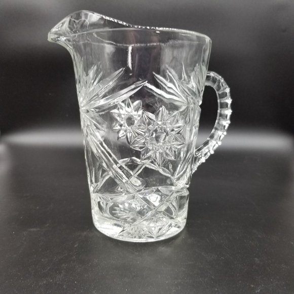 Vintage Clear Water Tea Drink Pitcher Floral Pressed Glass 8.50" Ribbed Handle - Picture 1 of 14